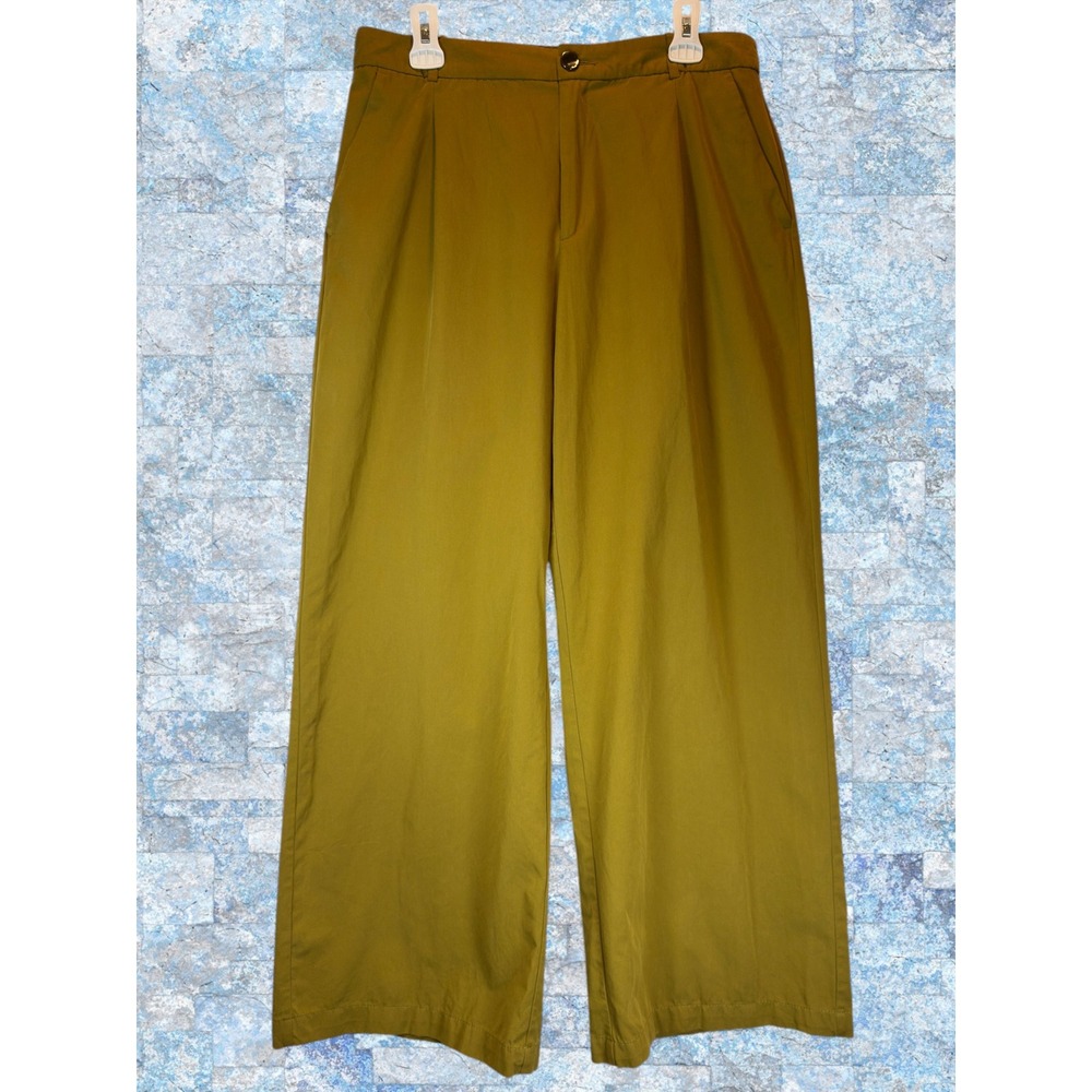 ZARA Wide Leg Pleated Trousers Olive Green L Adjustable Back Strap Lightweight